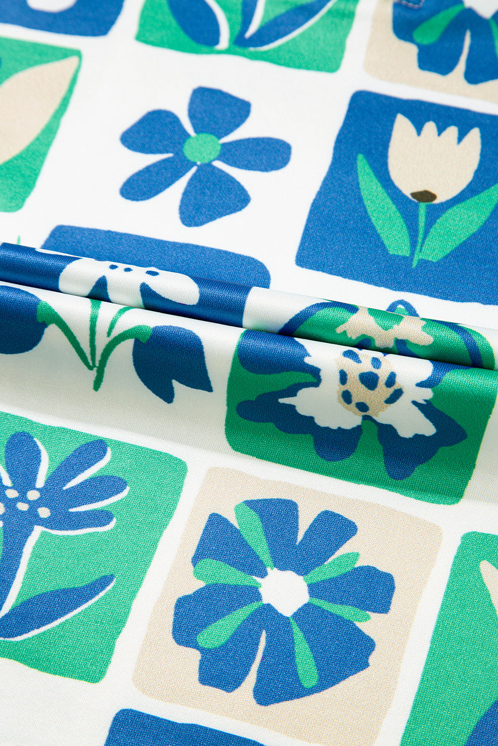 Green Floral Plaid Colorblock Flutter Sleeve Blouse