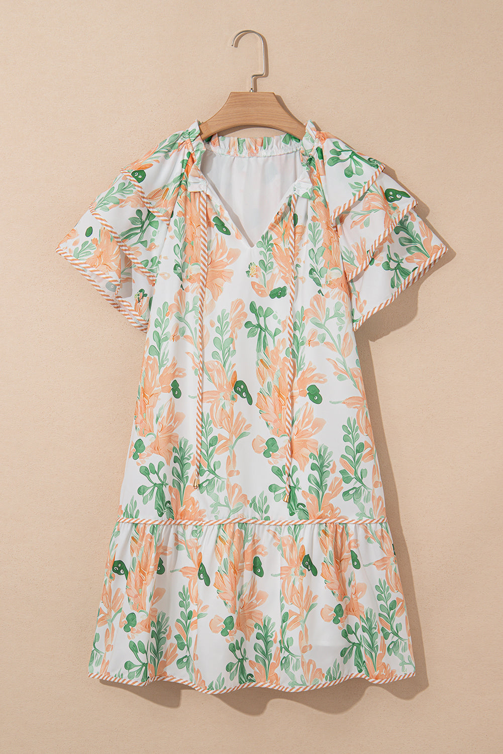 Orange Floral Contrast Edge Ruffle Sleeve Tie Neck Mini Dress