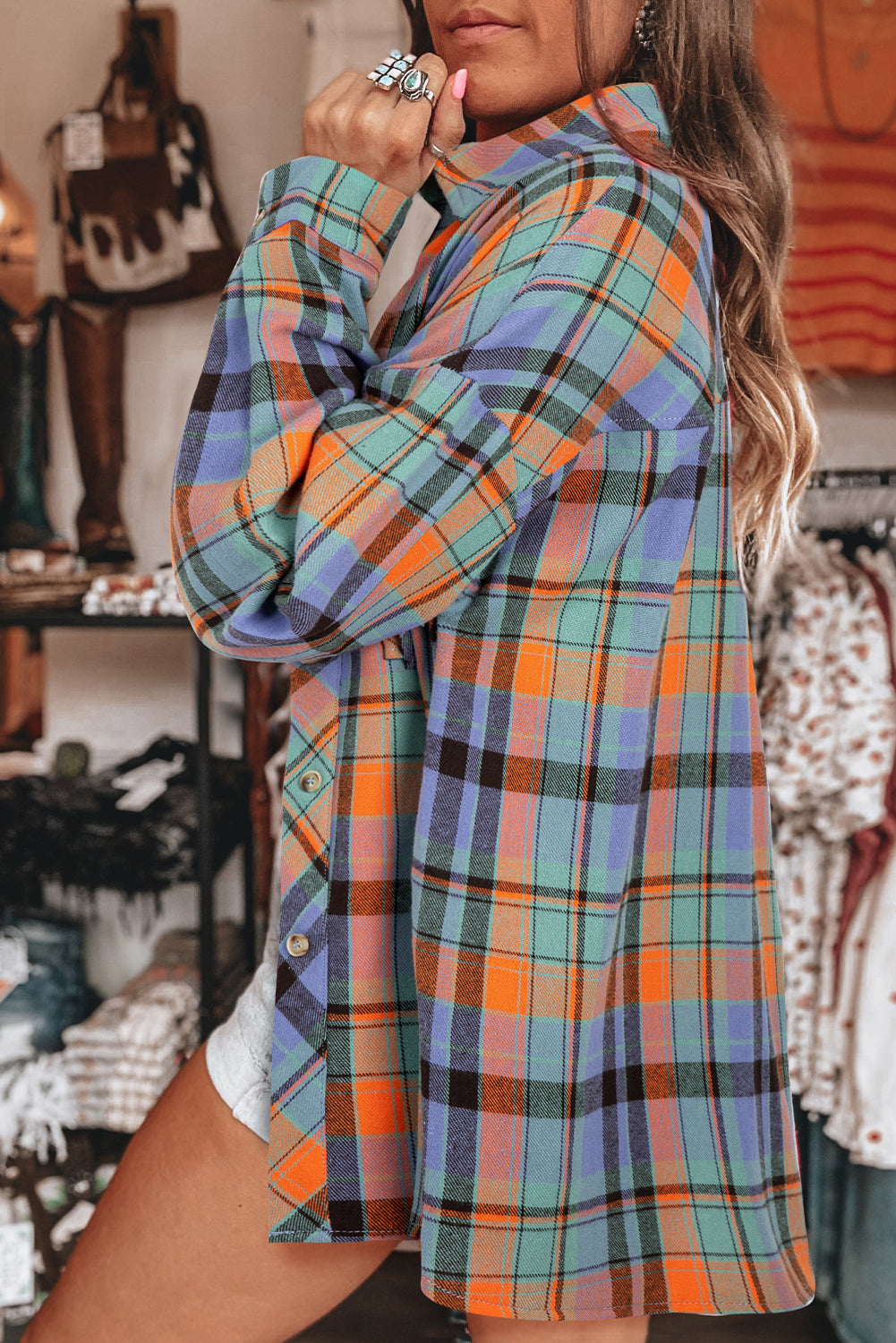 Orange Plaid Print Pocket Loose Shirt Shacket