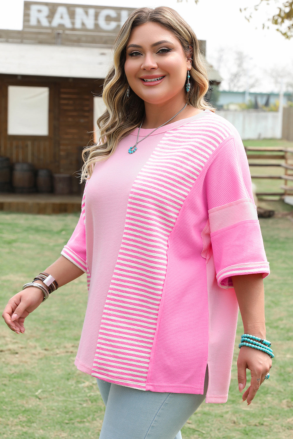 Pink Stripe Waffle Patchwork Plus Size T-Shirt