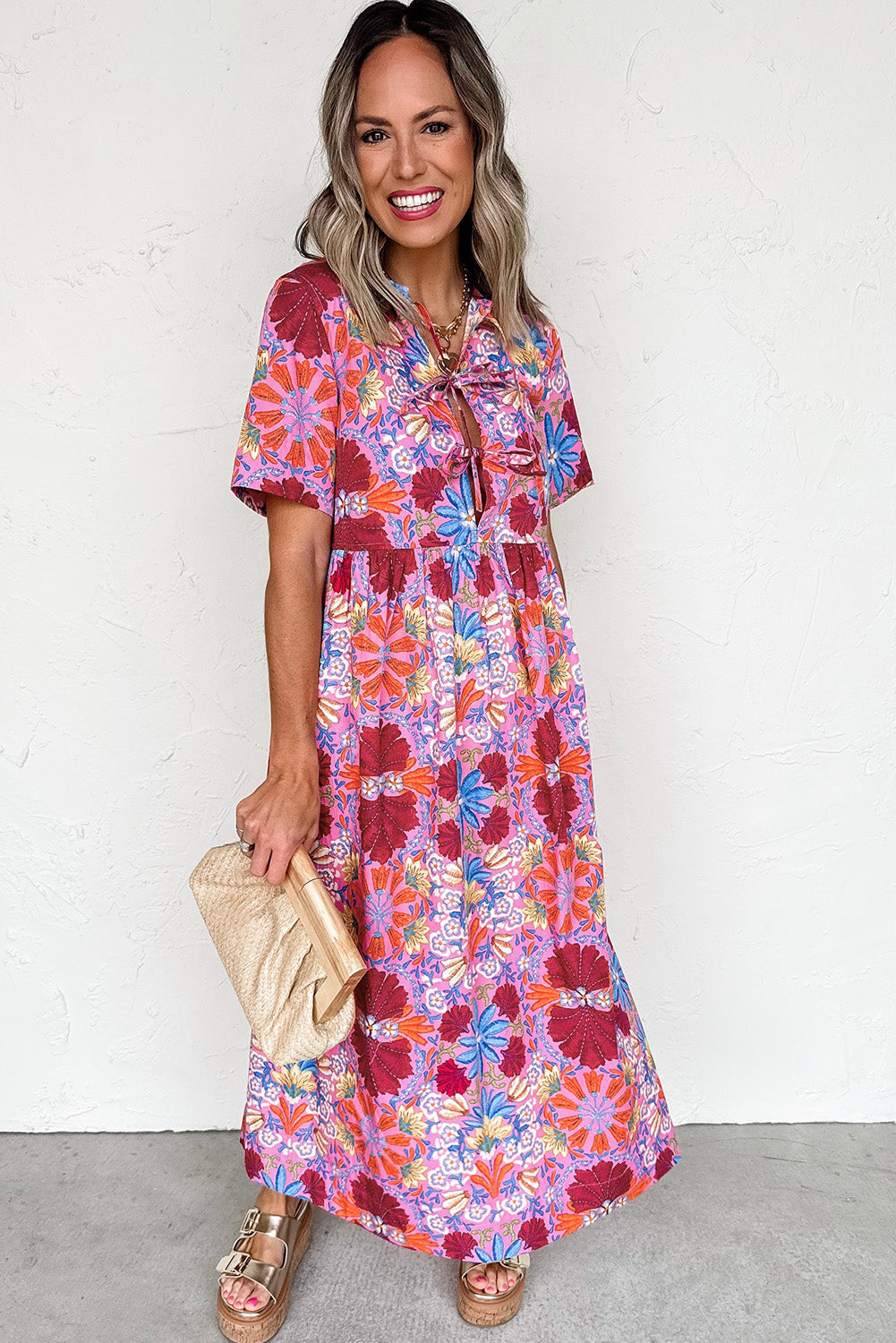 Rose Floral Print Tie Front High Waist Loose Midi Dress
