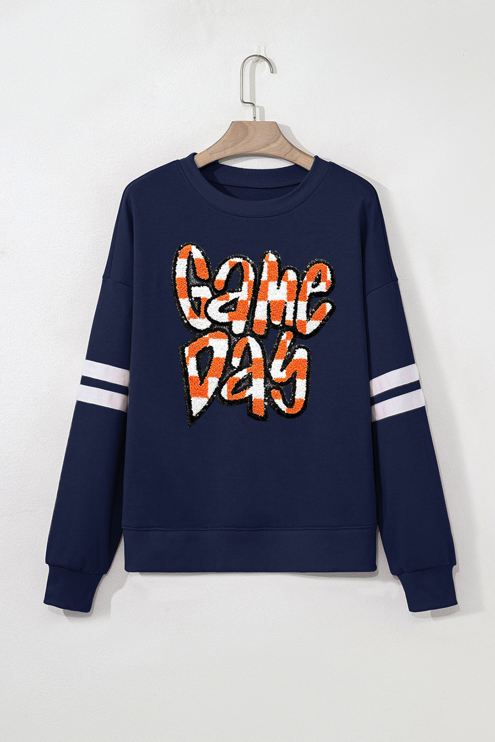 Navy Blue Game Day Chenille Checkered Letter Patch Application Oversized Varsity Sweatshirt