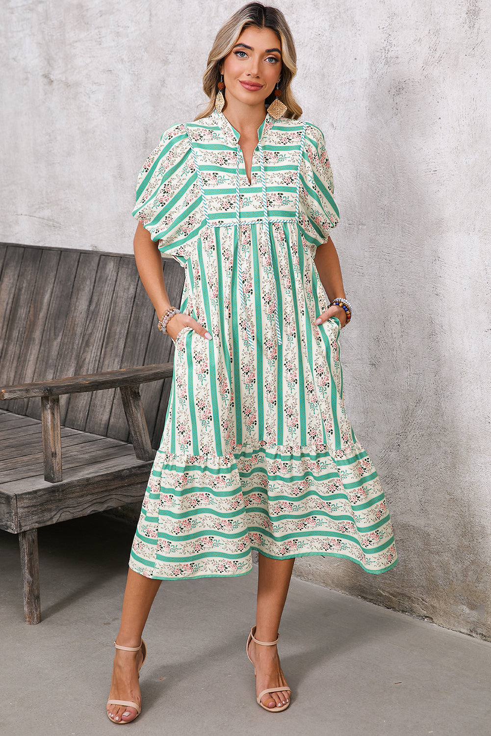 Multicolor Boho Floral Striped Tie V Neck Long Dress