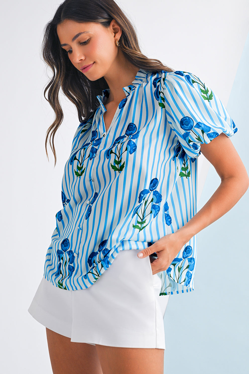 Sky Blue Stripe Boho Floral Print Frill V Neck Puff Sleeve Blouse