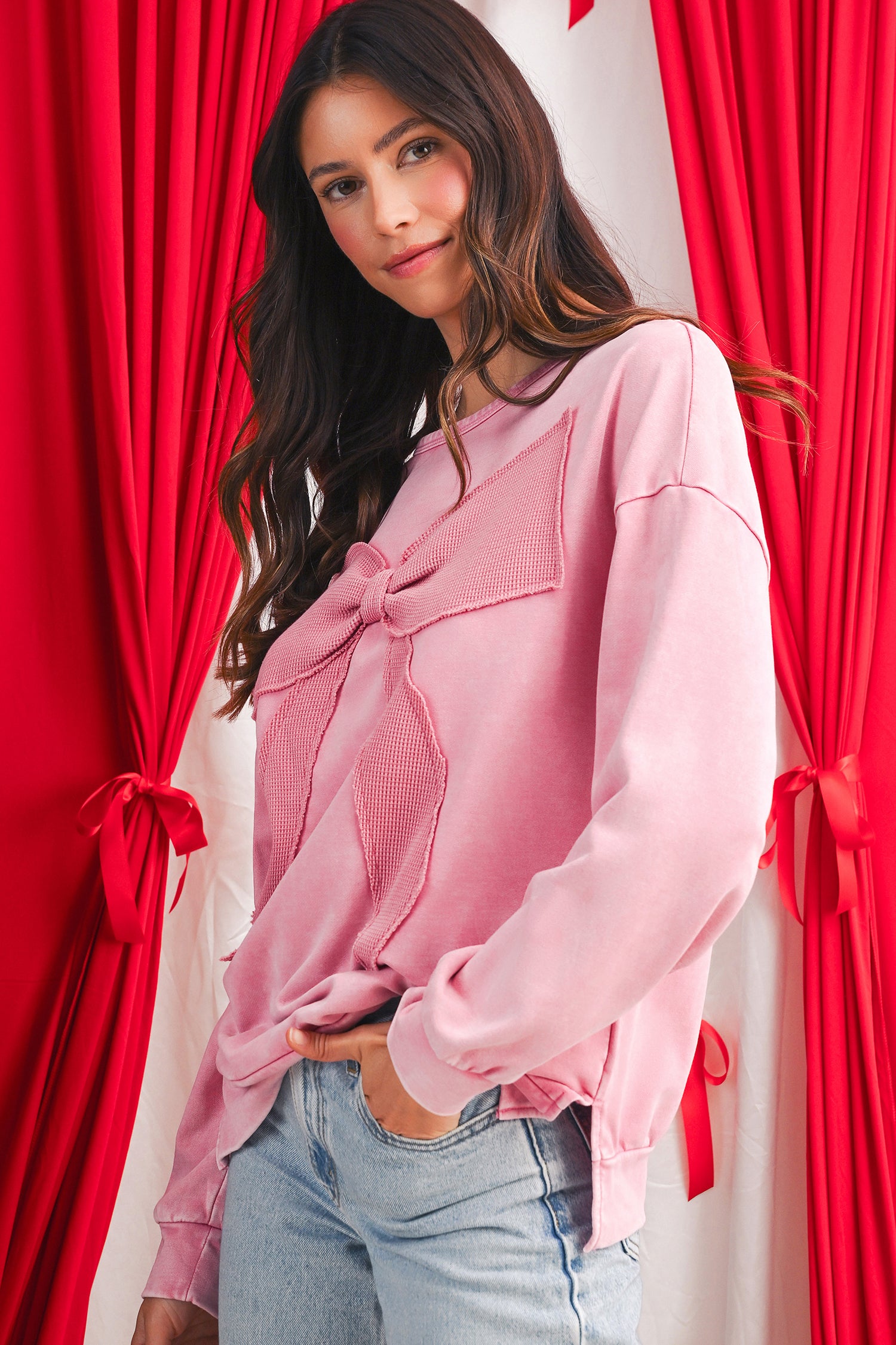 Bright Pink Mineral Wash Waffle Bow Patched Pullover Sweatshirt
