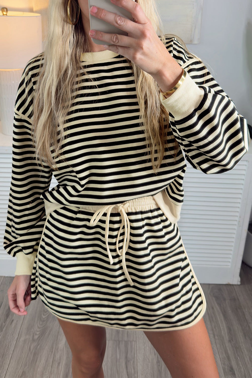 Black Stripe Textured Drop Shoulder Pullover Top Drawstring Mini Skort Two Piece Dress Set