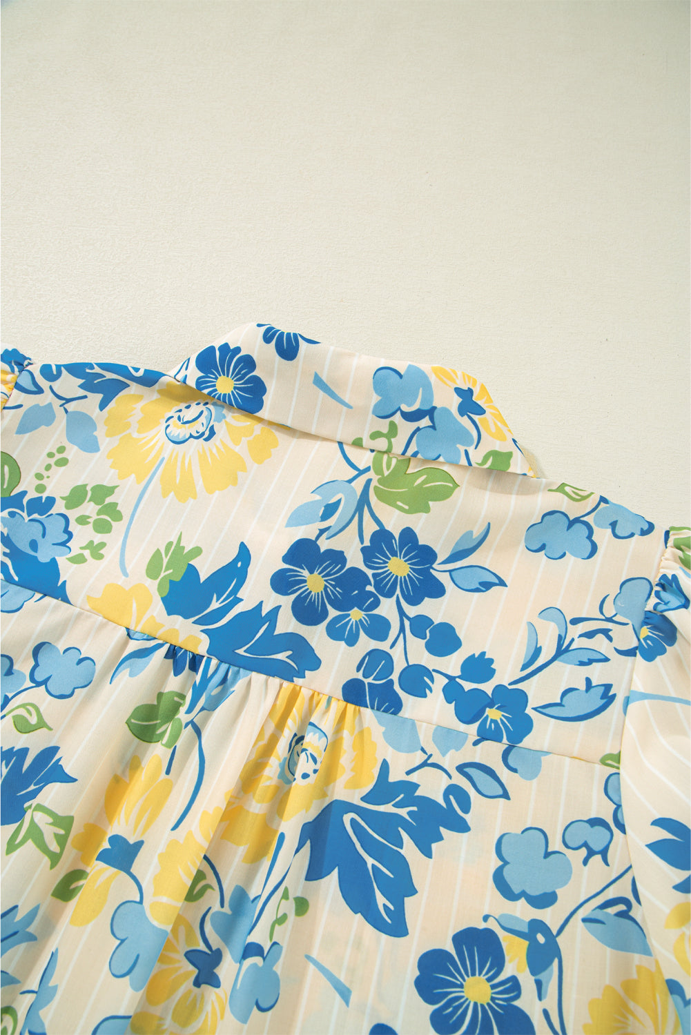 Blue Floral Striped Mixed Print Puff Sleeve Blouse