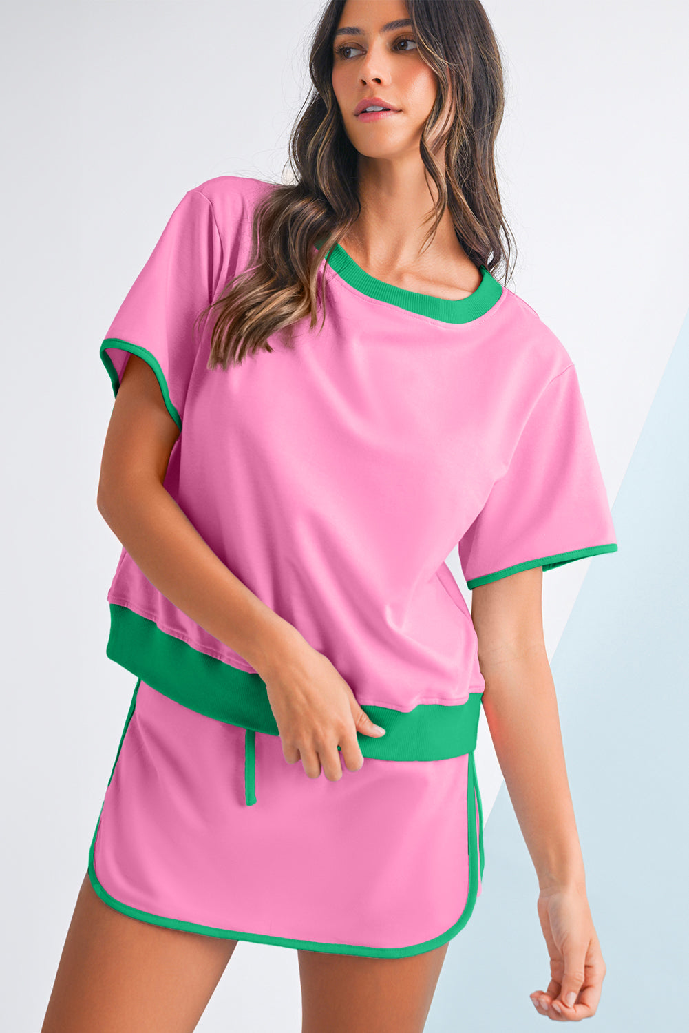 Bonbon Colorblock Edge Drop Shoulder T Shirt and Skort Set