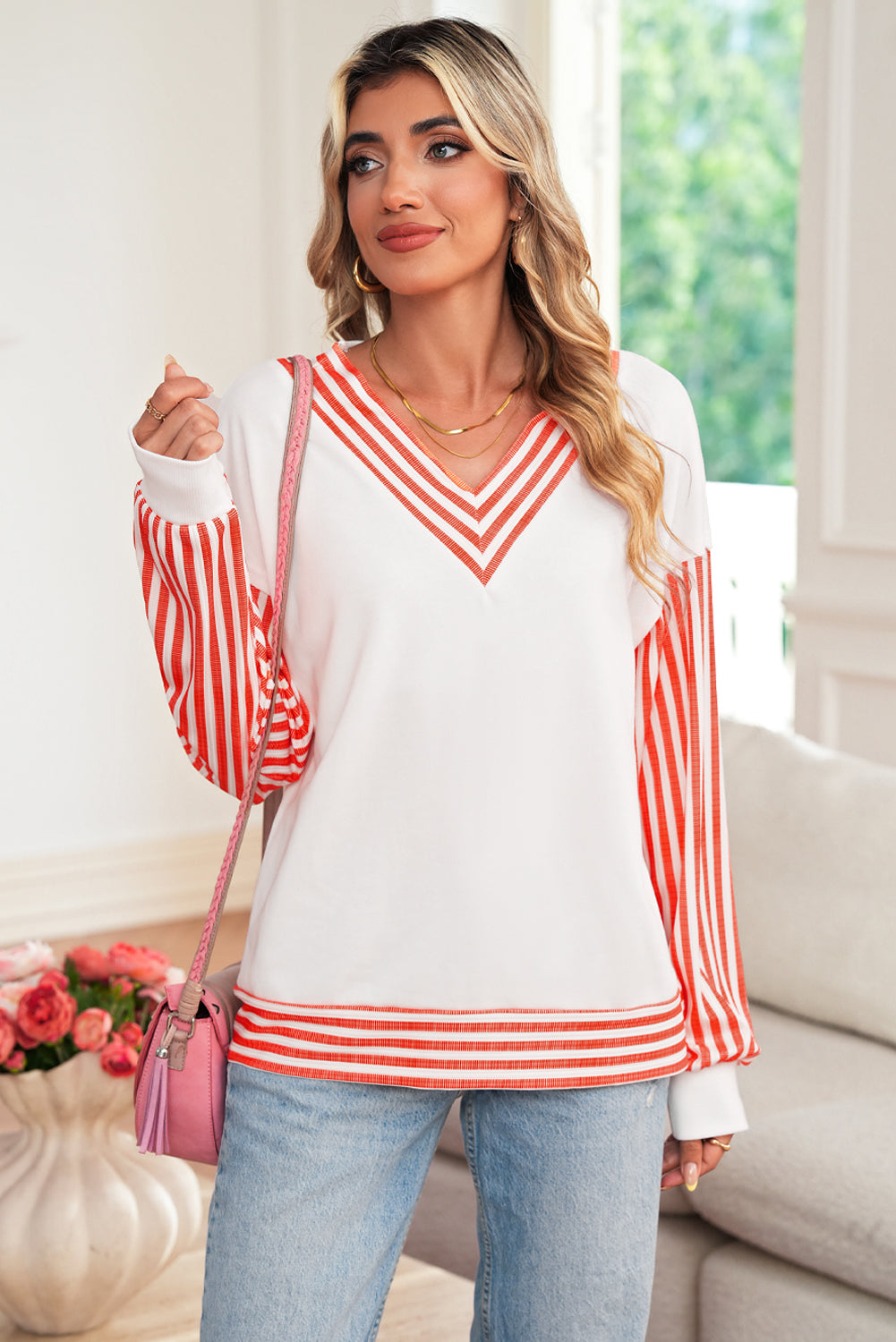 Orange Striped Patchwork Drop Sleeve Pullover Top