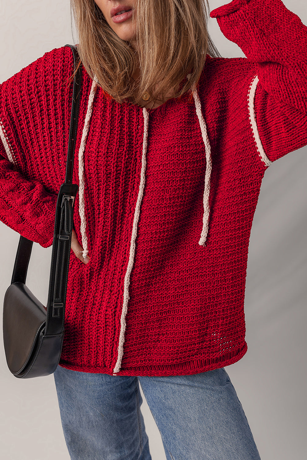 Racing Red Contrast Trim Textured Knit Drawstring Hooded Sweater