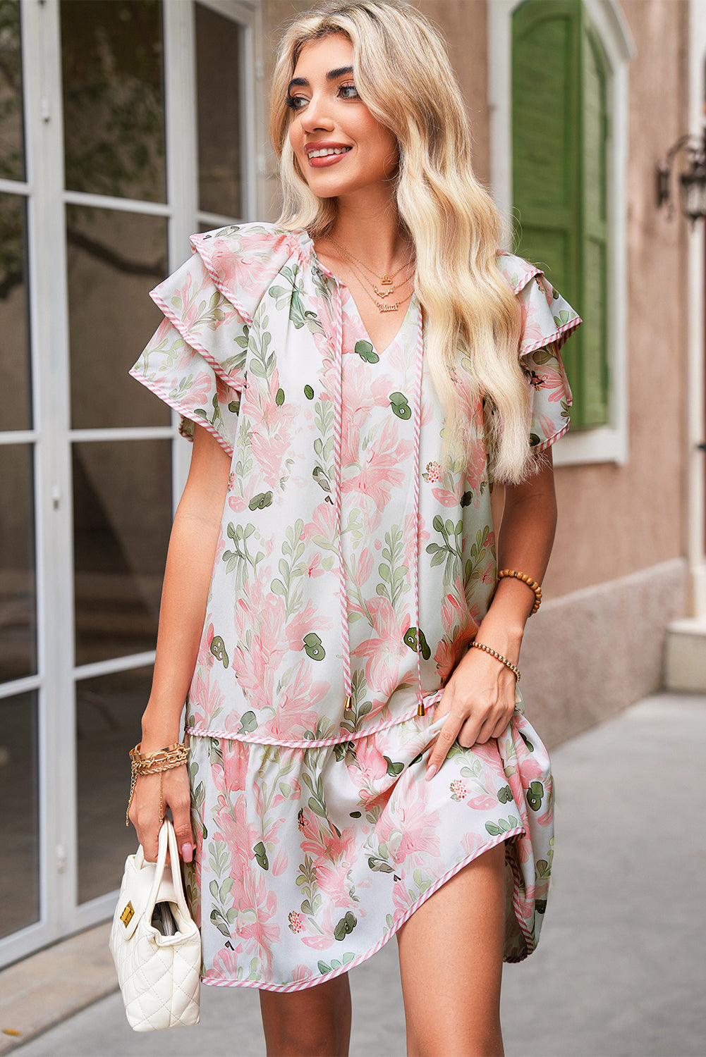 Pink Floral Contrast Edge Ruffle Sleeve Tie Neck Mini Dress