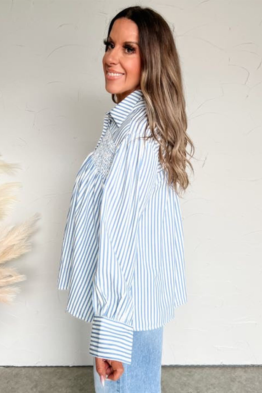 Sky Blue Striped Smocked Long Sleeve Quarter Button Shirt