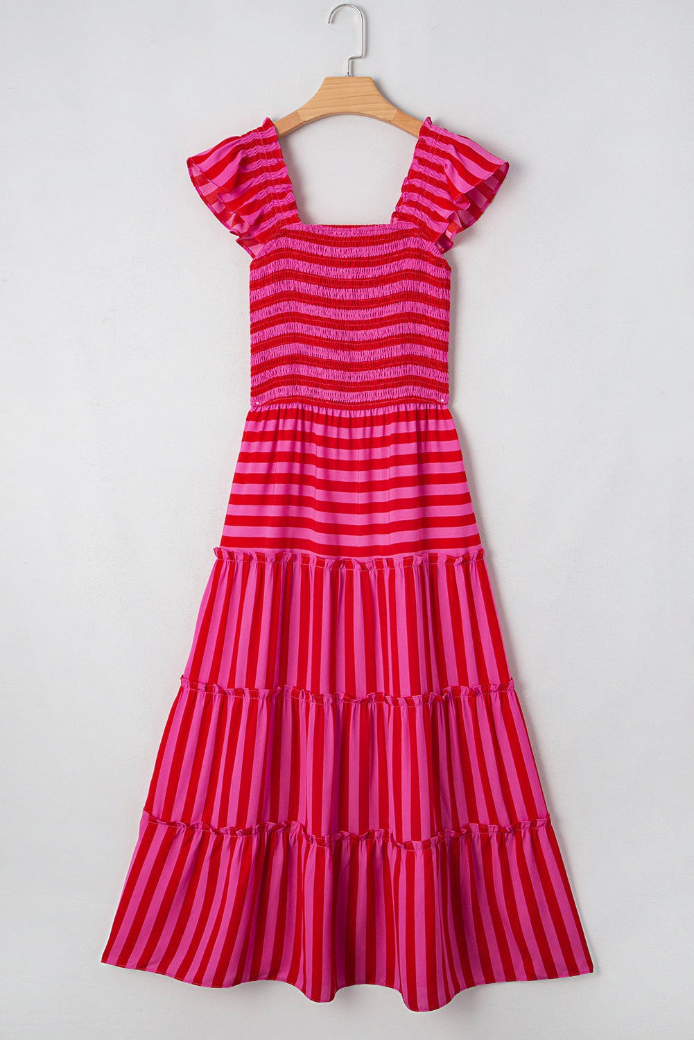 Rose Stripe Ruffle Strap Shirred Bodice Tiered Maxi Dress