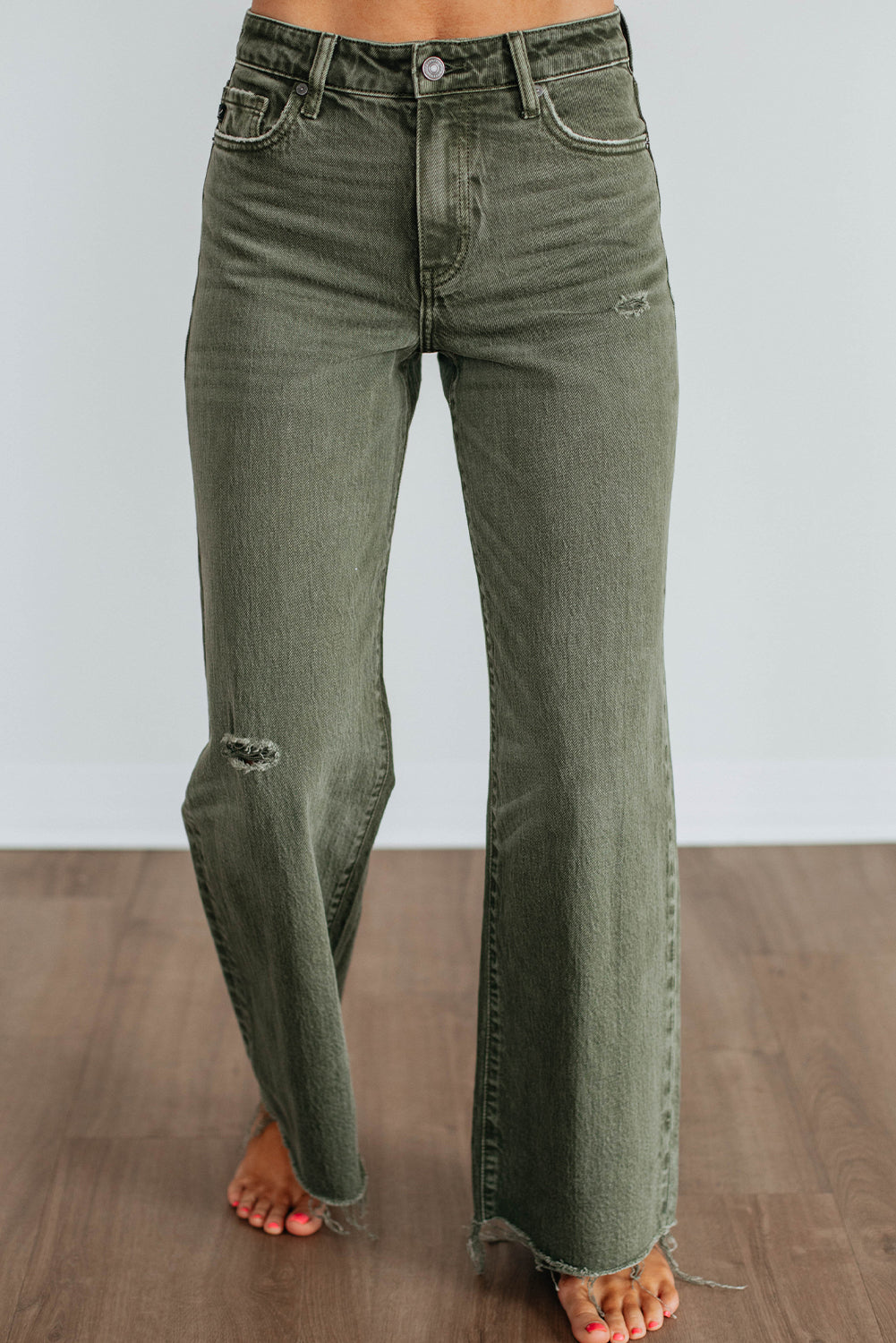 Green Slight Distressed Raw Edge Wide Leg Jeans