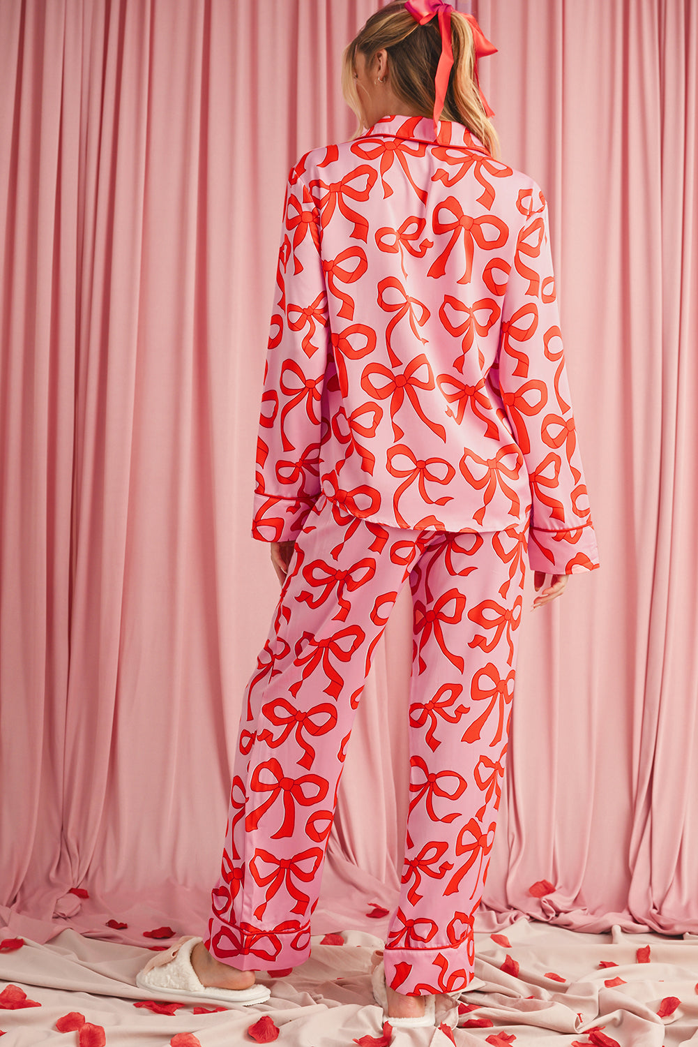 Pink Allover Bow Print Button Up and Loose Pants Pajama Set