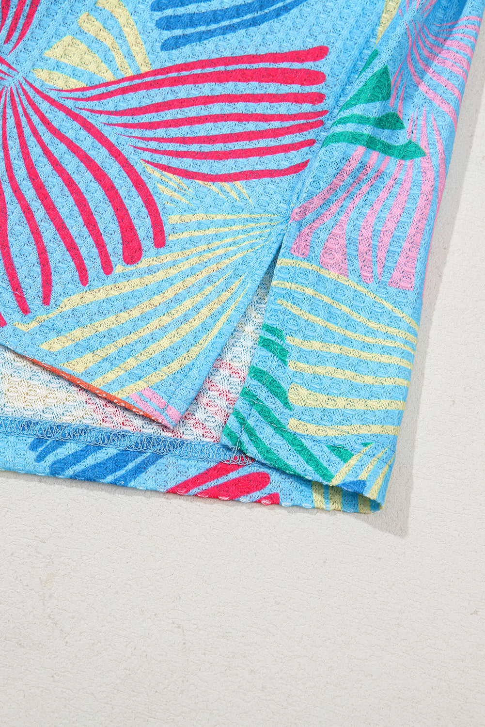 Sky Blue Bowknot Print Waffle Loose Tee