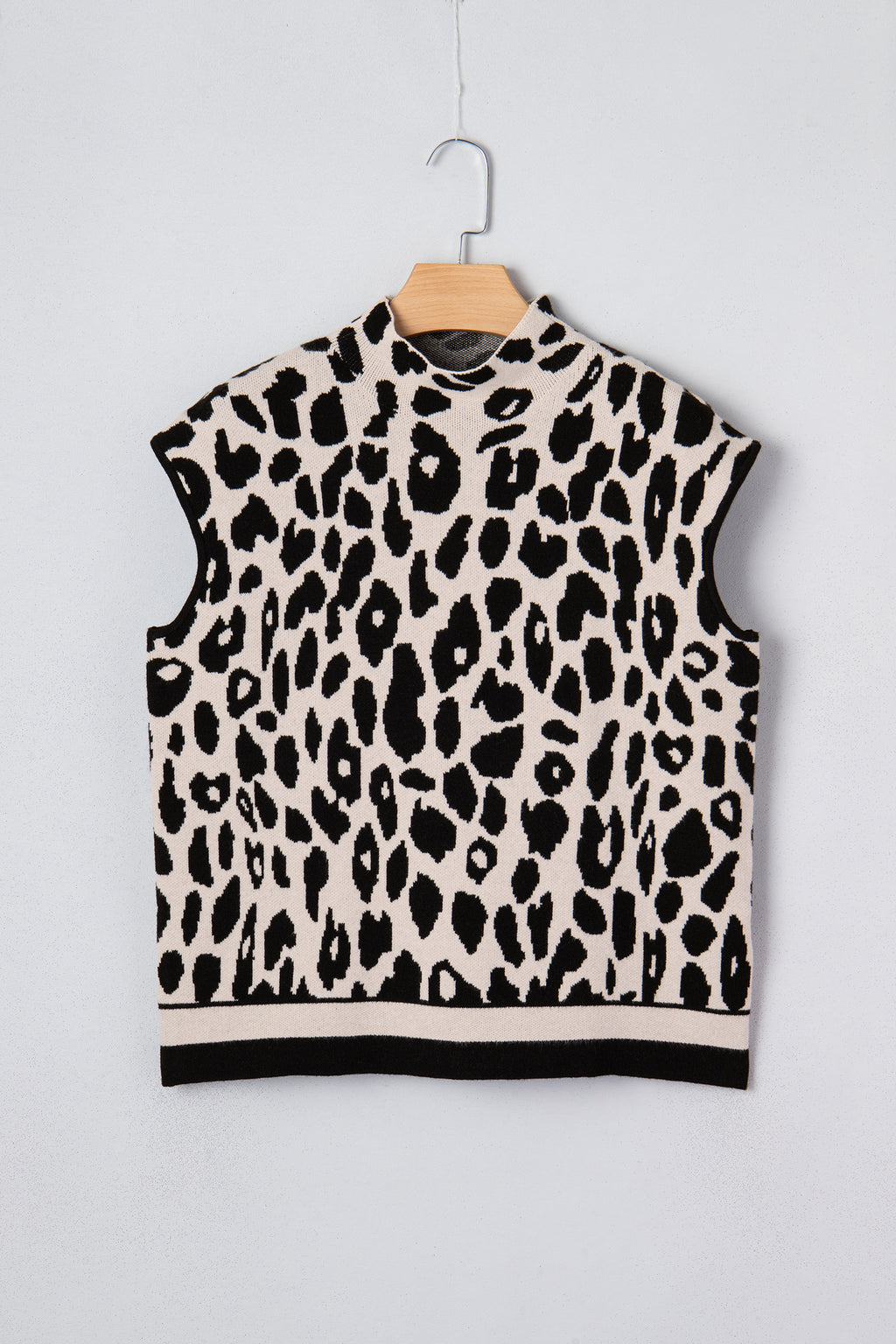Black Leopard Print High Neck Short Sleeve Sweater