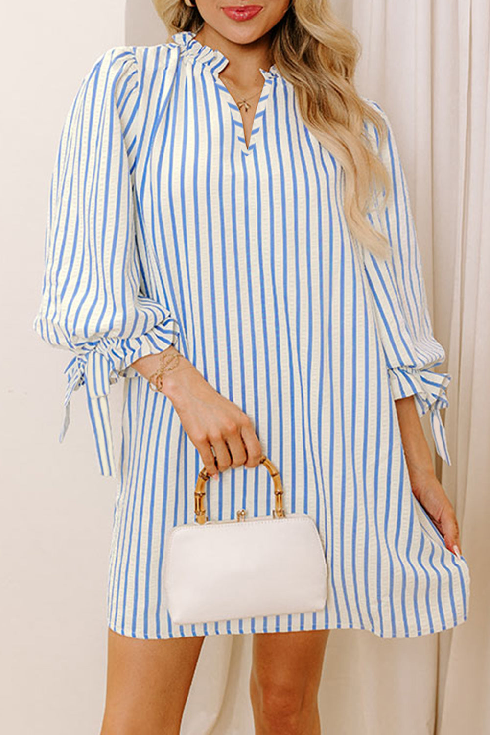 Sky Blue Striped Notched Neck Knot Cuffs Mini Dress