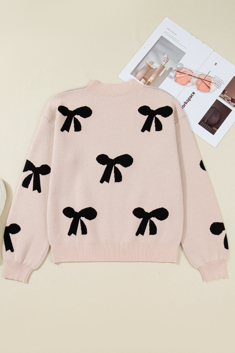 Smoke Gray Pearl Embellished Bow Pattern Loose Sweater