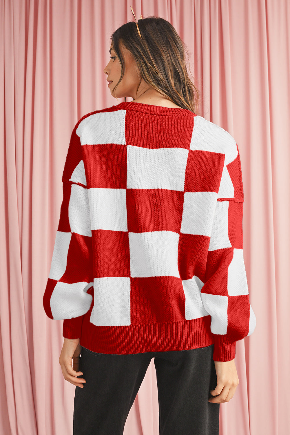Fiery Red Plaid Bishop Sleeve Pullover Sweater