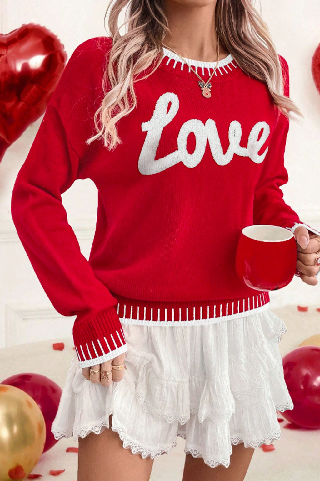 Fiery Red Valentine Love Chenille Letter Graphic Sweater