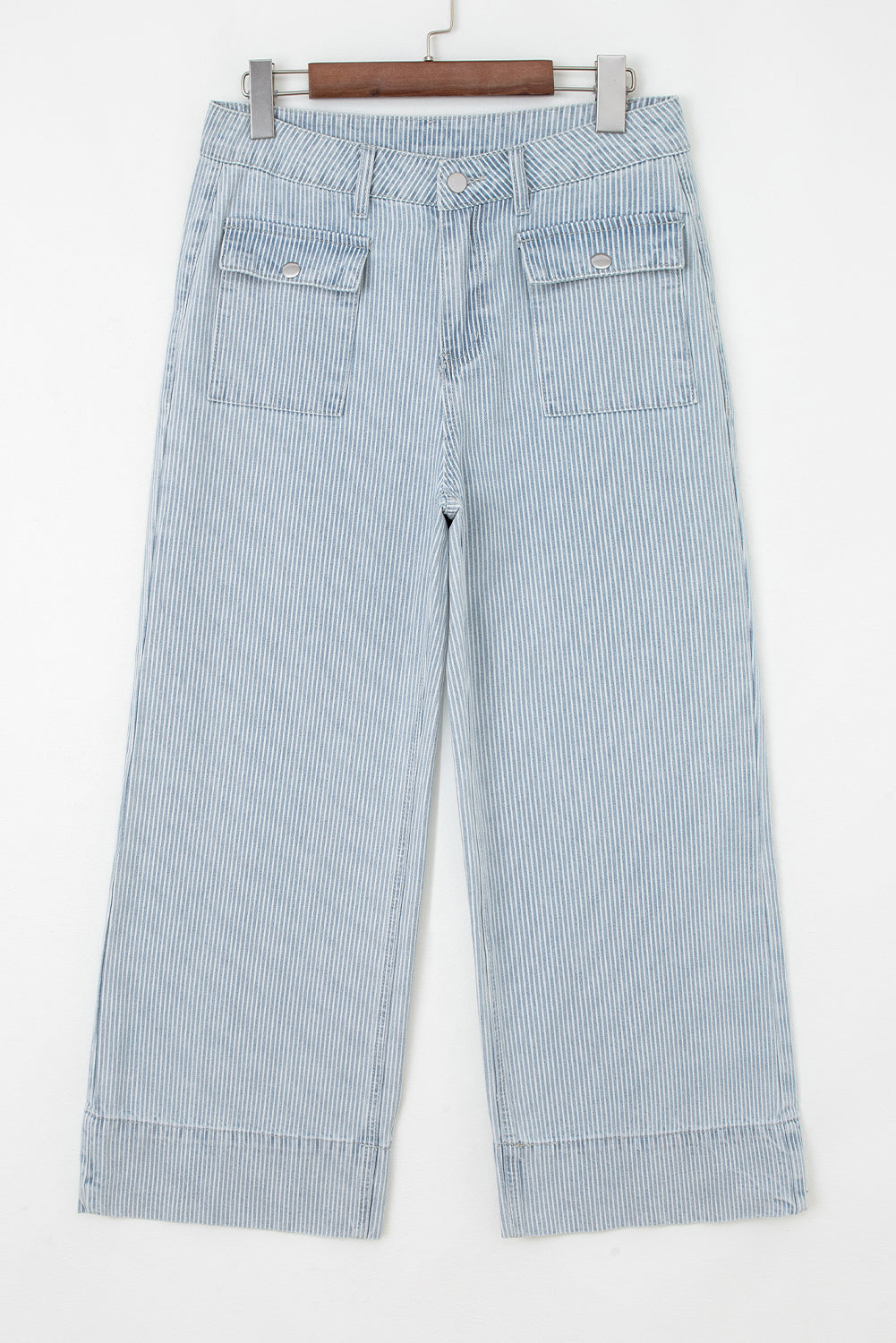 Sky Blue Striped Button Flap Pocket Cuffed Hem Wide Leg Jeans