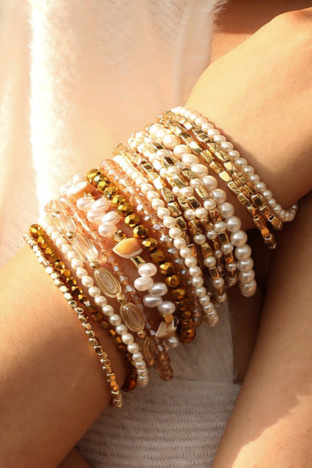 Gold 17pcs Baroque Style Pearl Crystal Beads Multi Layer Bracelet Set