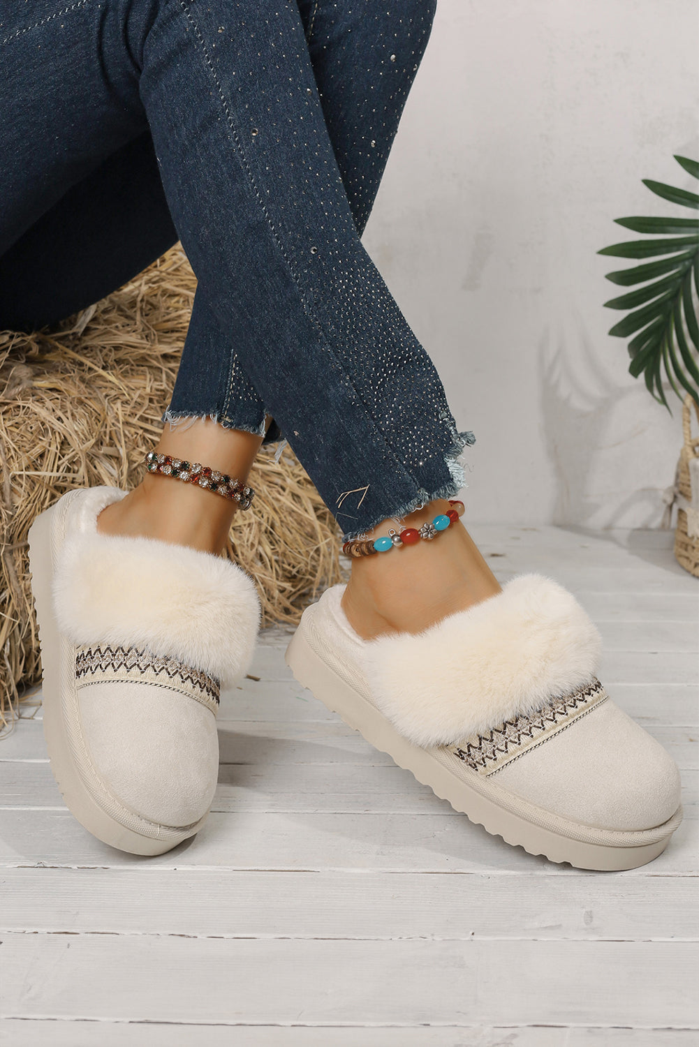 White Suede Fuzzy Winter Warm Platform Slippers