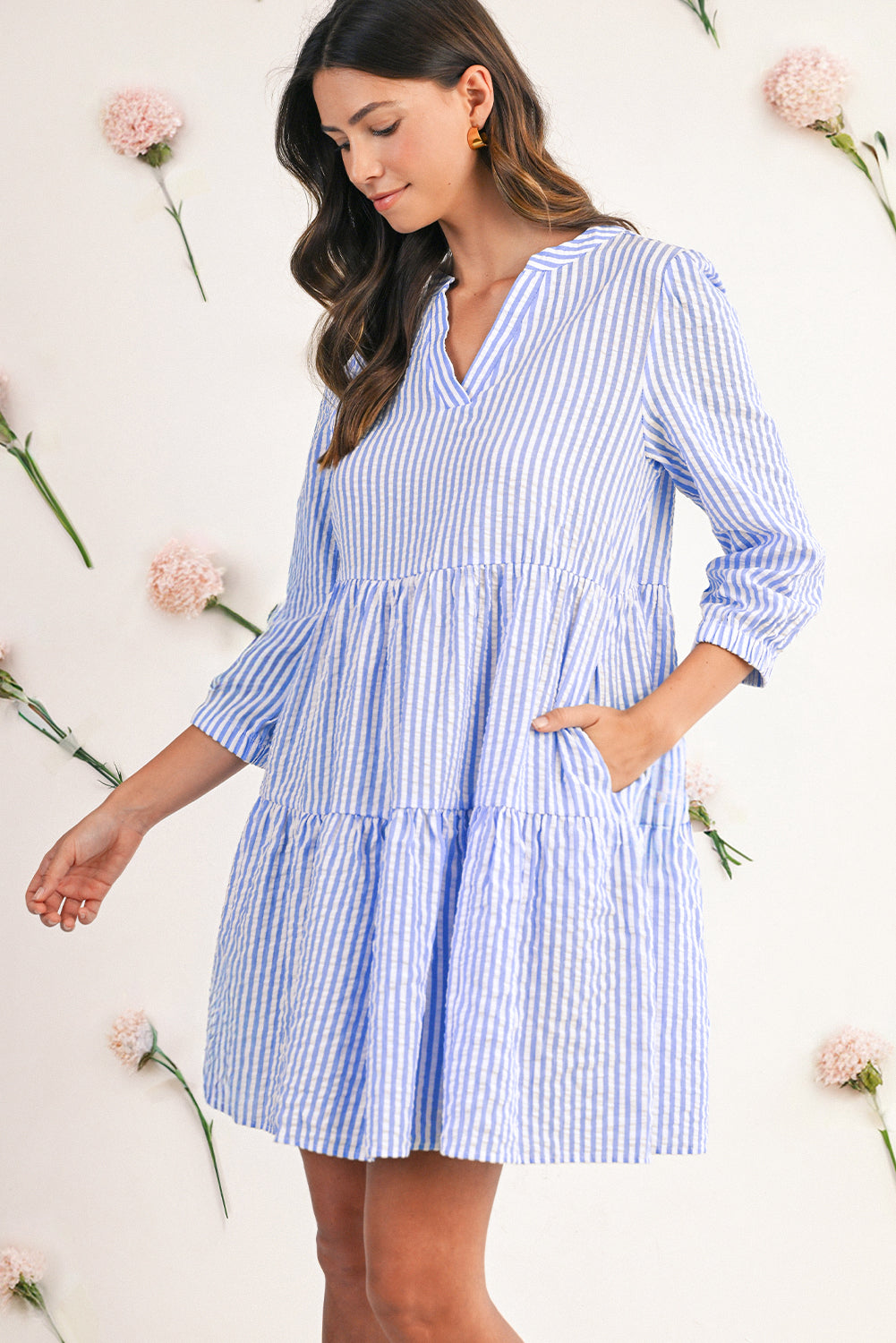 Sky Blue Striped Textured Bracelet Sleeve Tiered Mini Dress