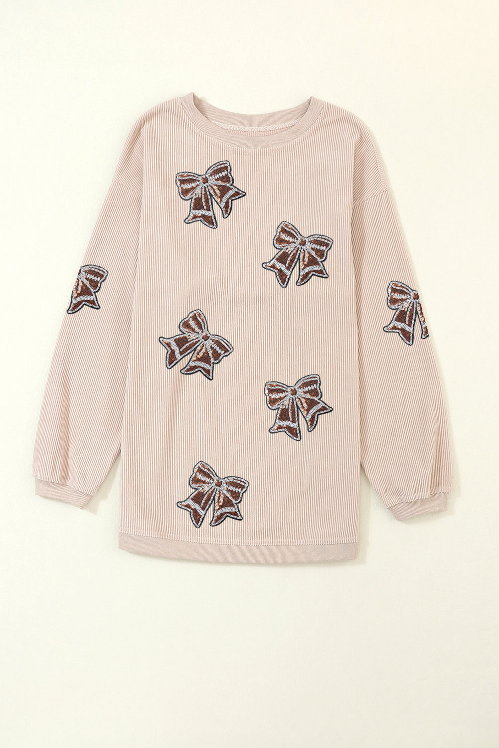 Apricot Game Day Bow Sequins Patch Corded Oversized Sweatshirt
