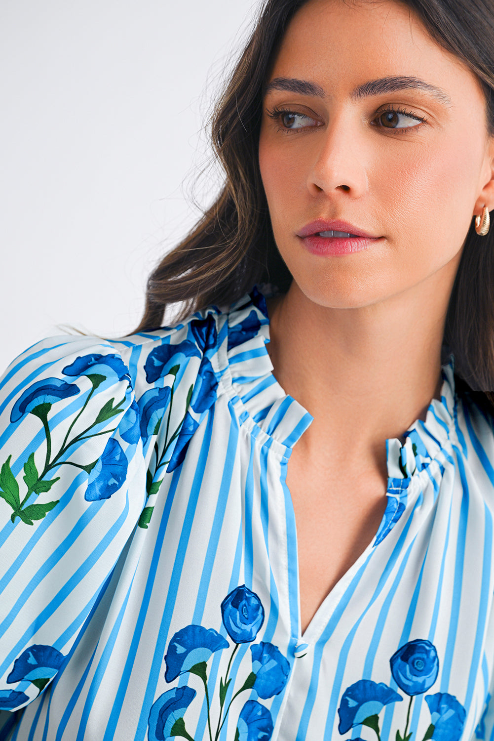 Sky Blue Stripe Boho Floral Print Frill V Neck Puff Sleeve Blouse