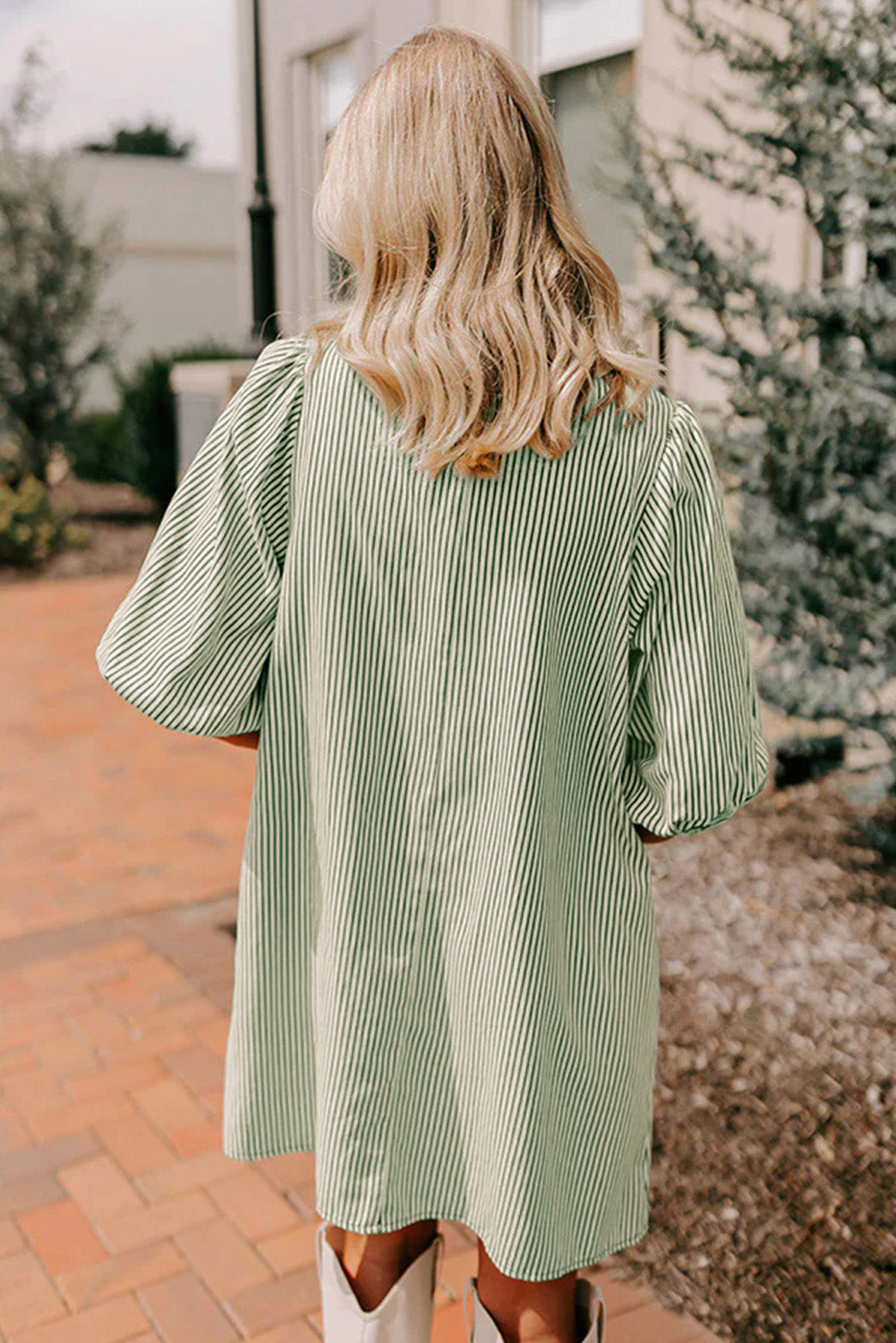 Rose Stripe Color Block Patchwork Shirt Collar Button Down Puff Sleeve Mini Dress