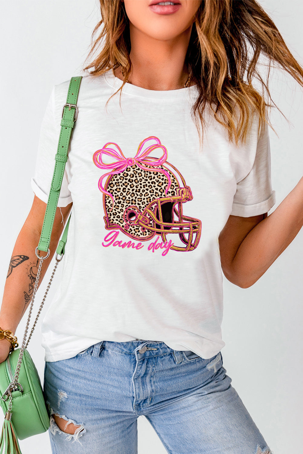 White Leopard Game Day Helmet Graphic Heat Transfer Printing Tee