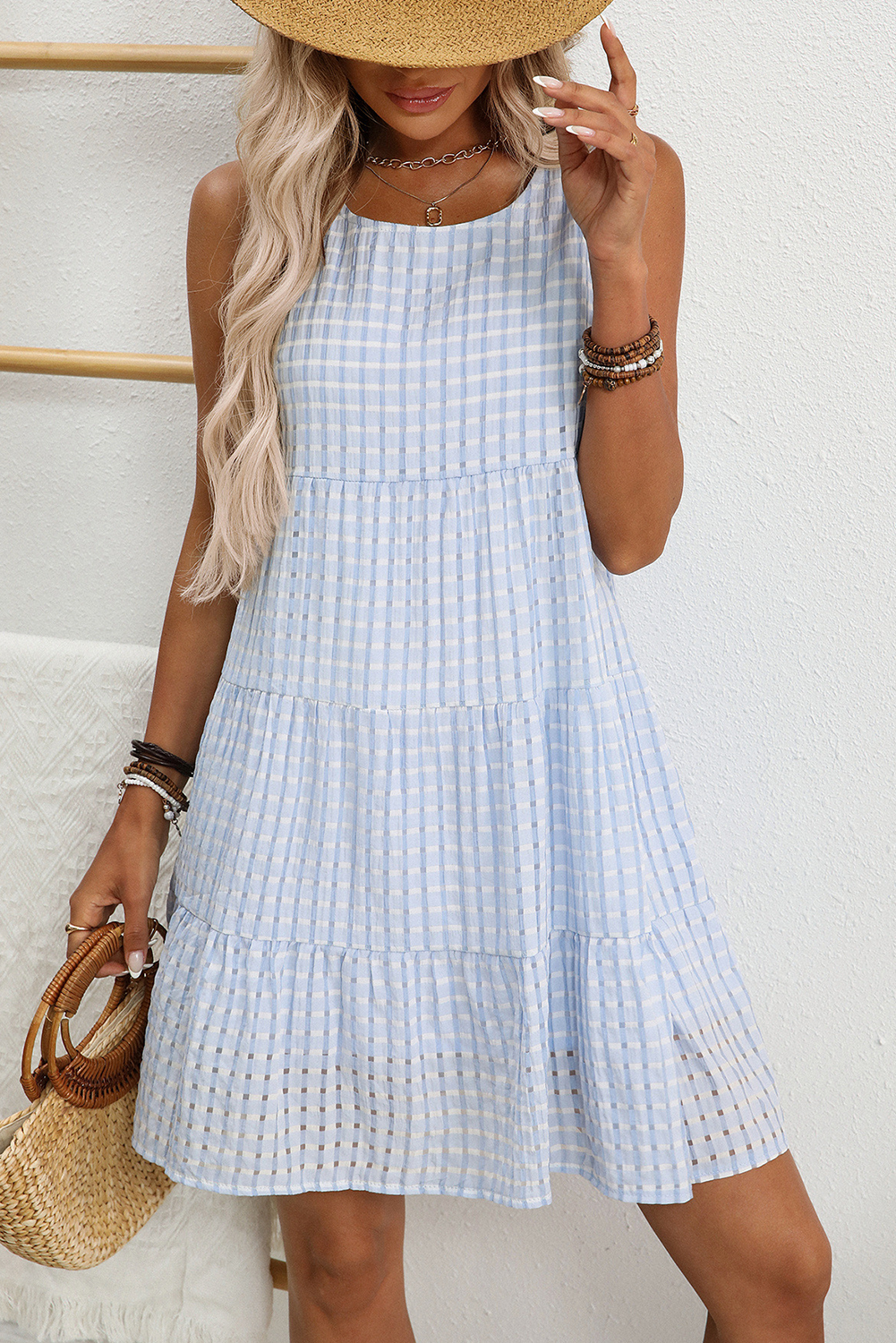 Light Blue Gingham High Waist Sleeveless Mini Dress