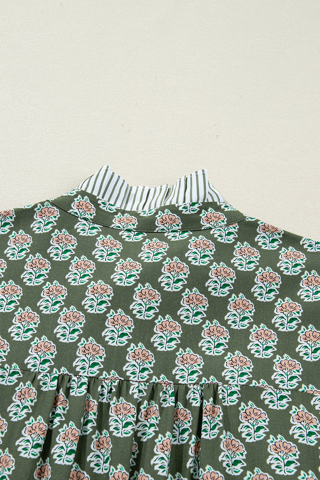 Green Contrast Striped Frilled Collar 3/4 Sleeve Plus Size Floral Dress