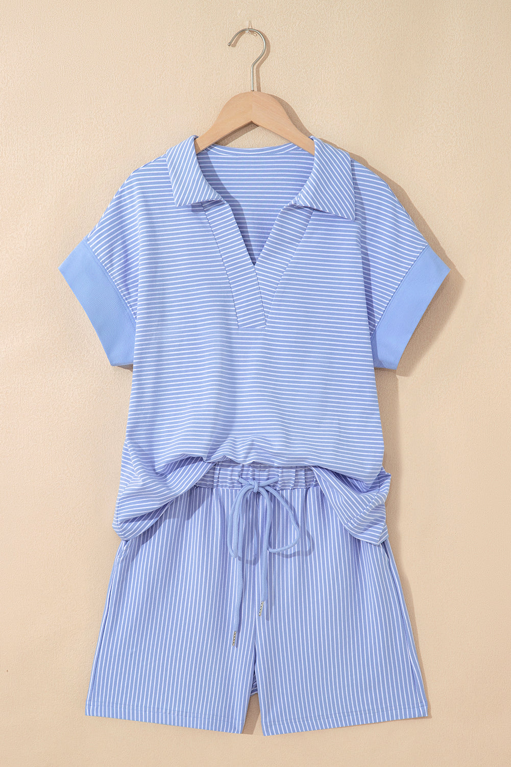 Sky Blue Striped Dolman Sleeve Pullover and Drawstring Shorts Set