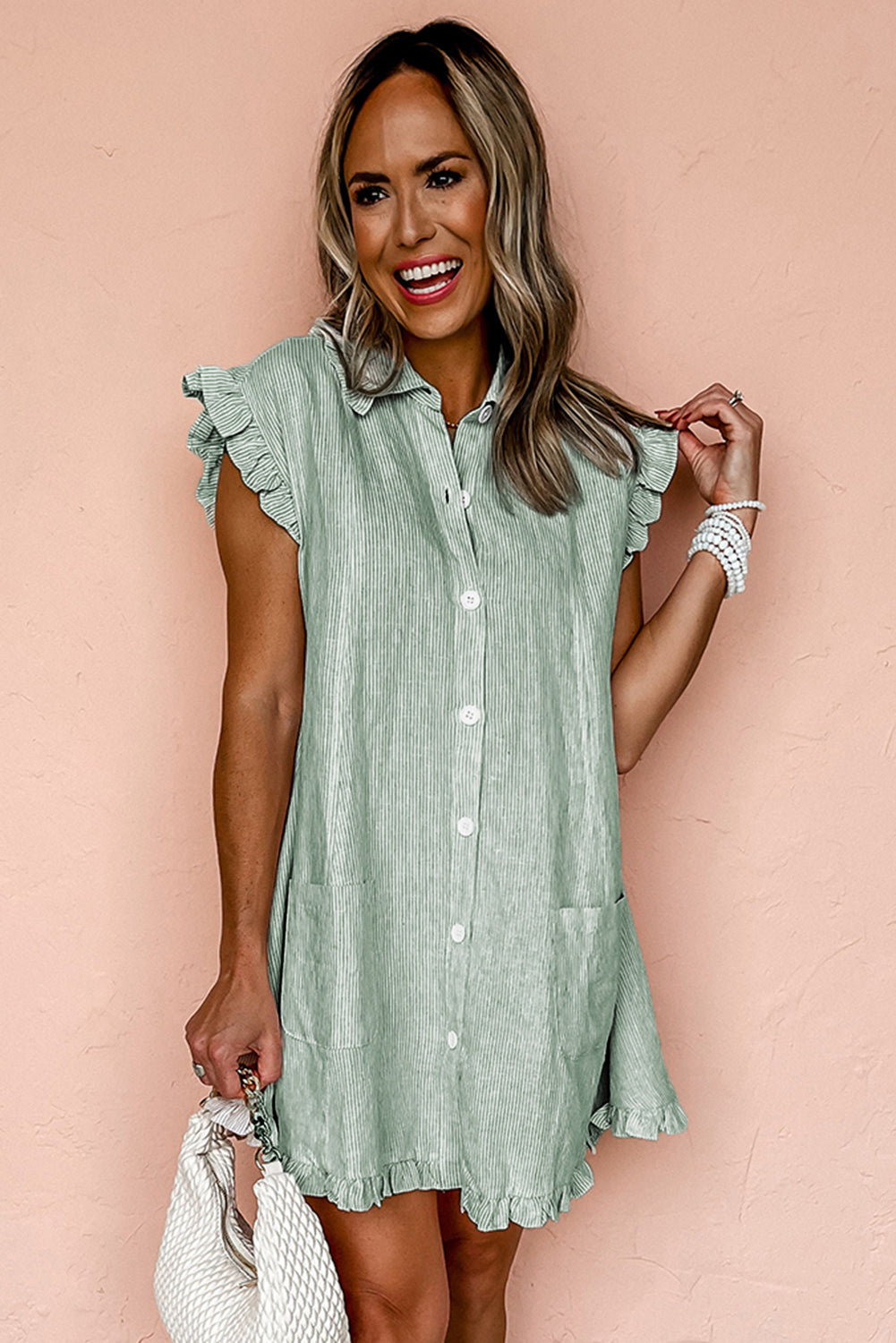 Green Stripe Frill Trim Pocket Button Up Mini Dress