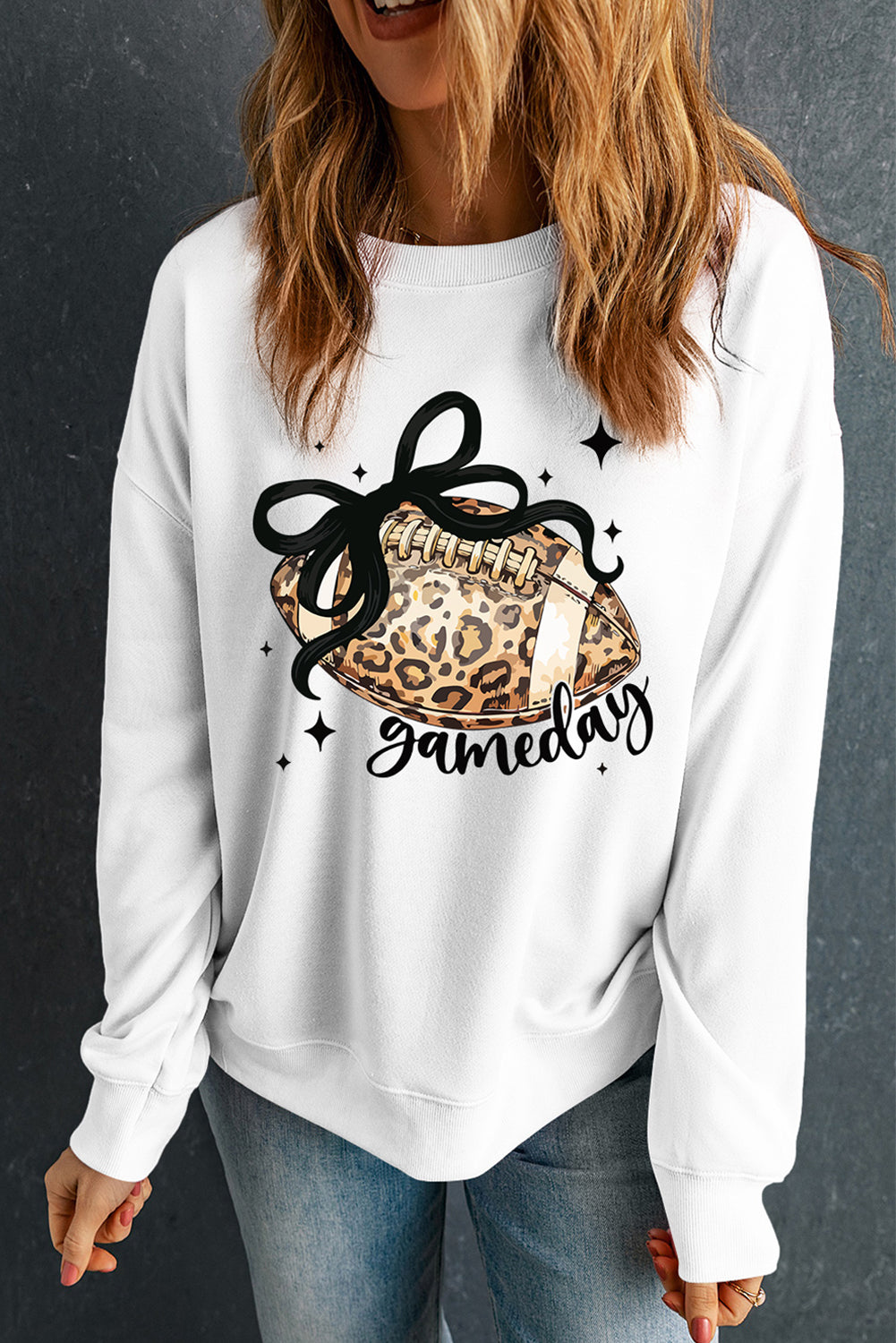 White Game Day Leopard Football Graphic Heat Transfer Printing Crew Neck Sweatshirt
