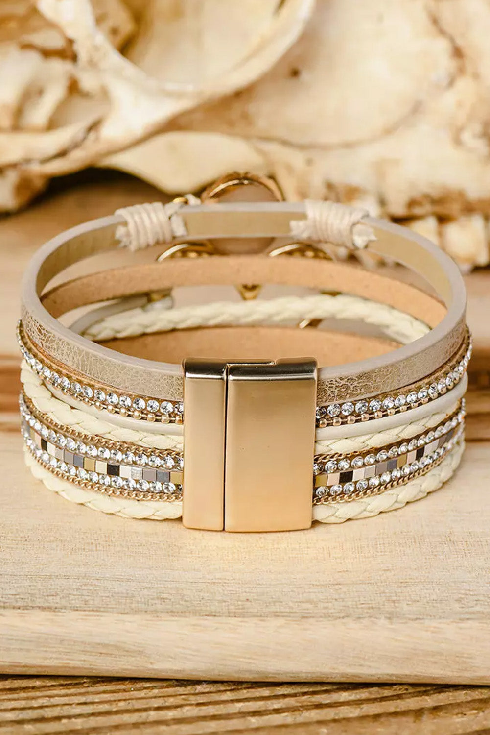 Beige Braided Heart Rhinestone Magnetic Buckle Multi Layered Bracelet