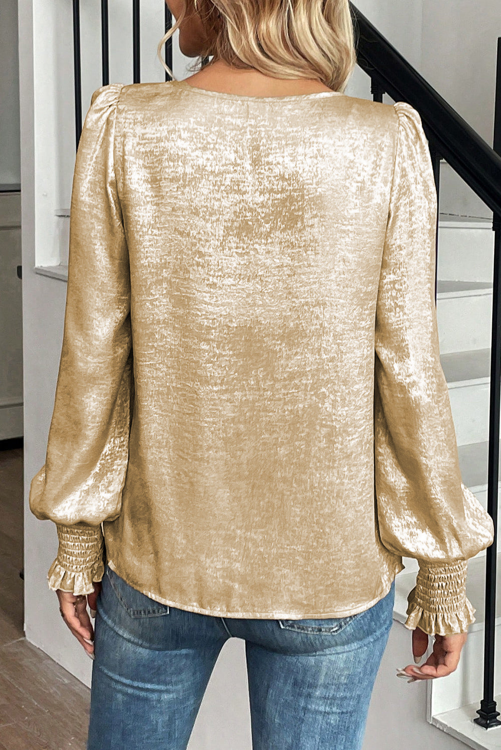 Apricot Metallic Round Neck Smocked Puff Sleeve Blouse
