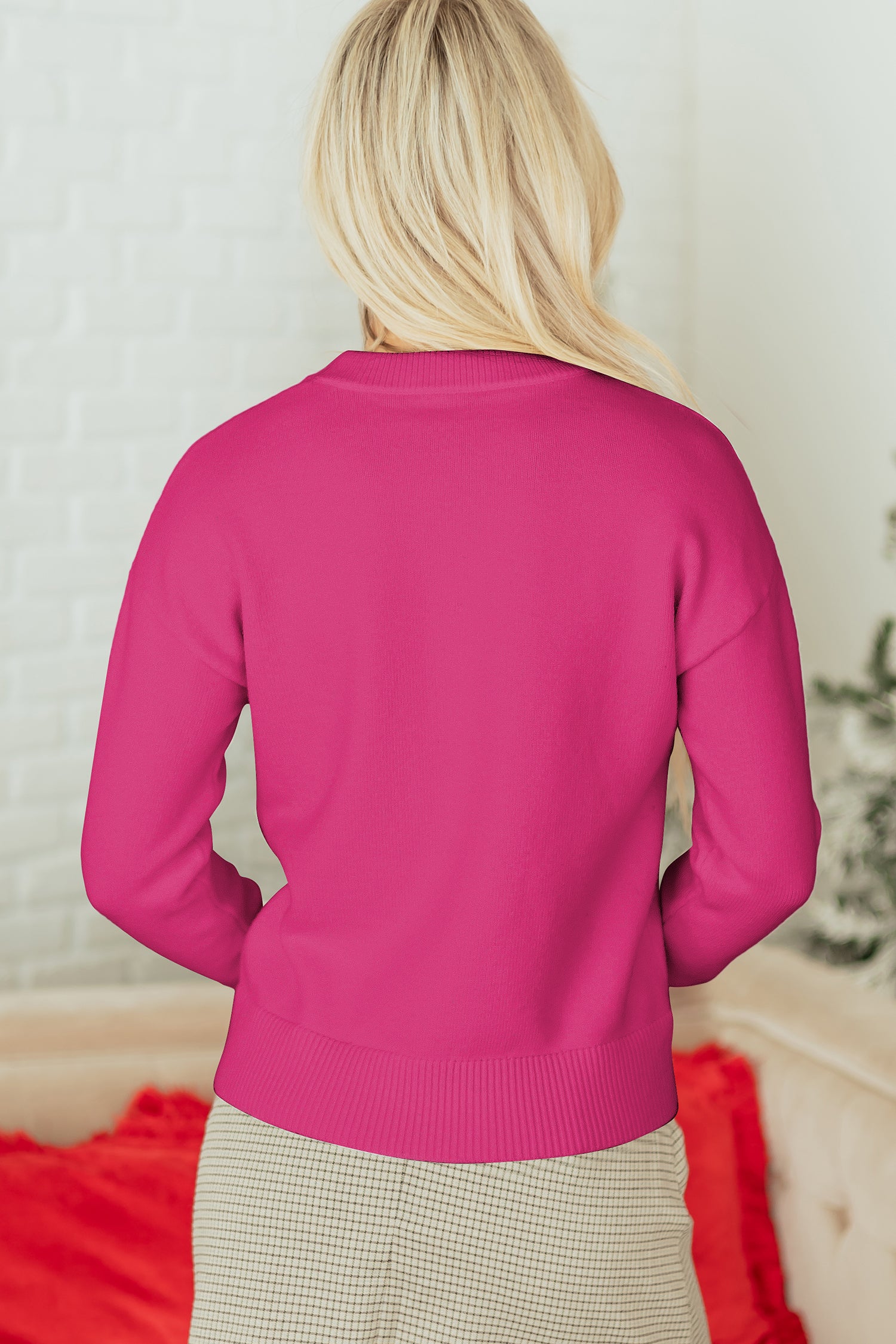 Rose Red Sequined Bow Graphic Christmas Holiday Sweater