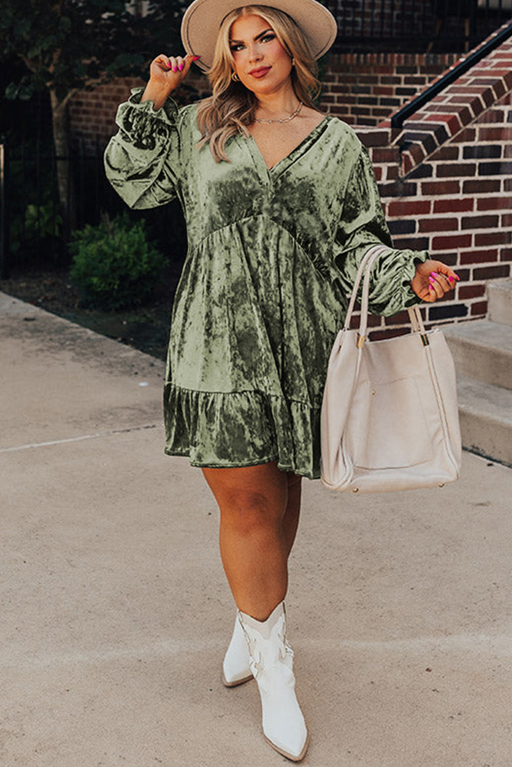 Jungle Green Plus Size Velvet Babydoll Mini Dress