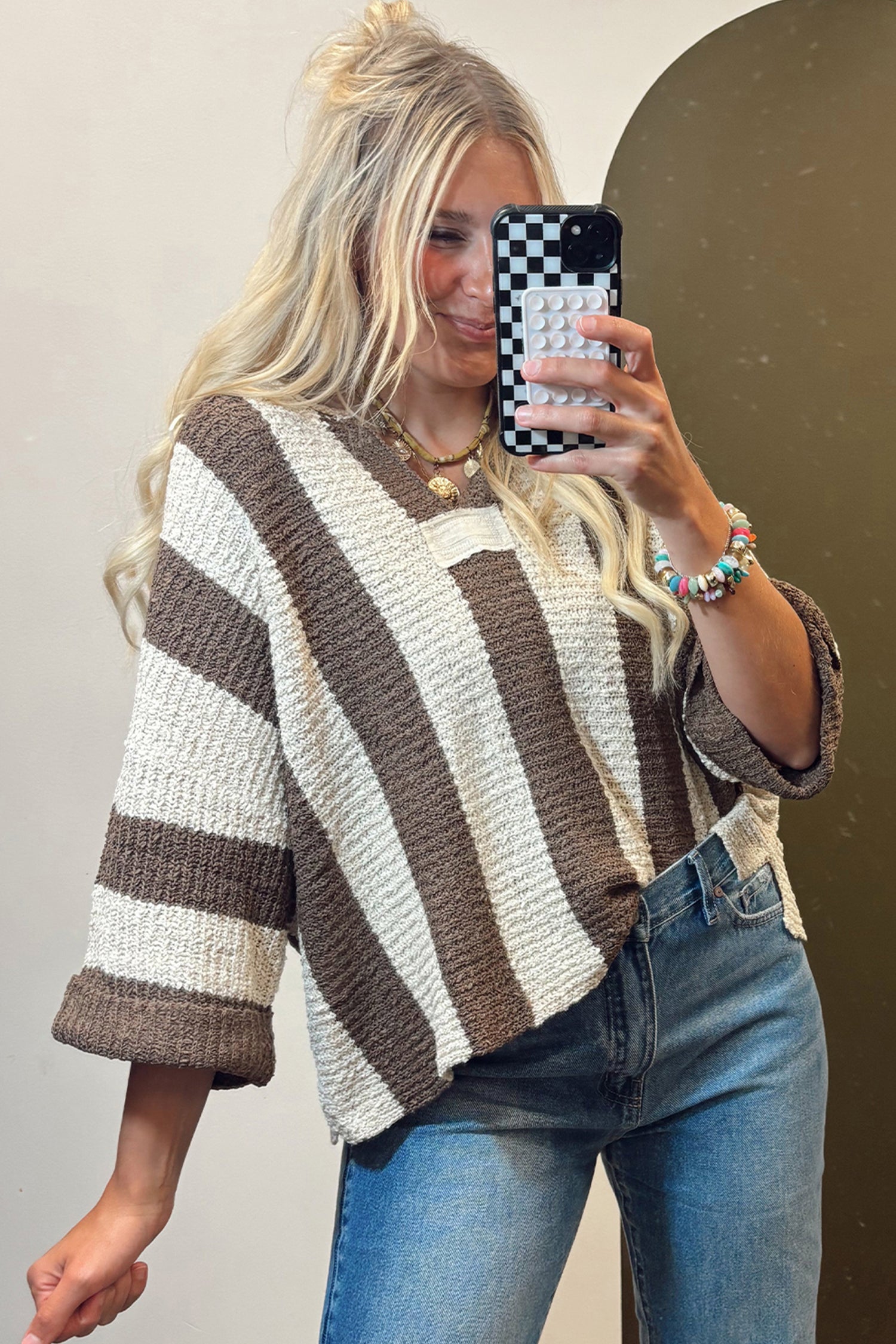 Brown Stripe Colorblock V Neck Bracelet Sleeve Sweater