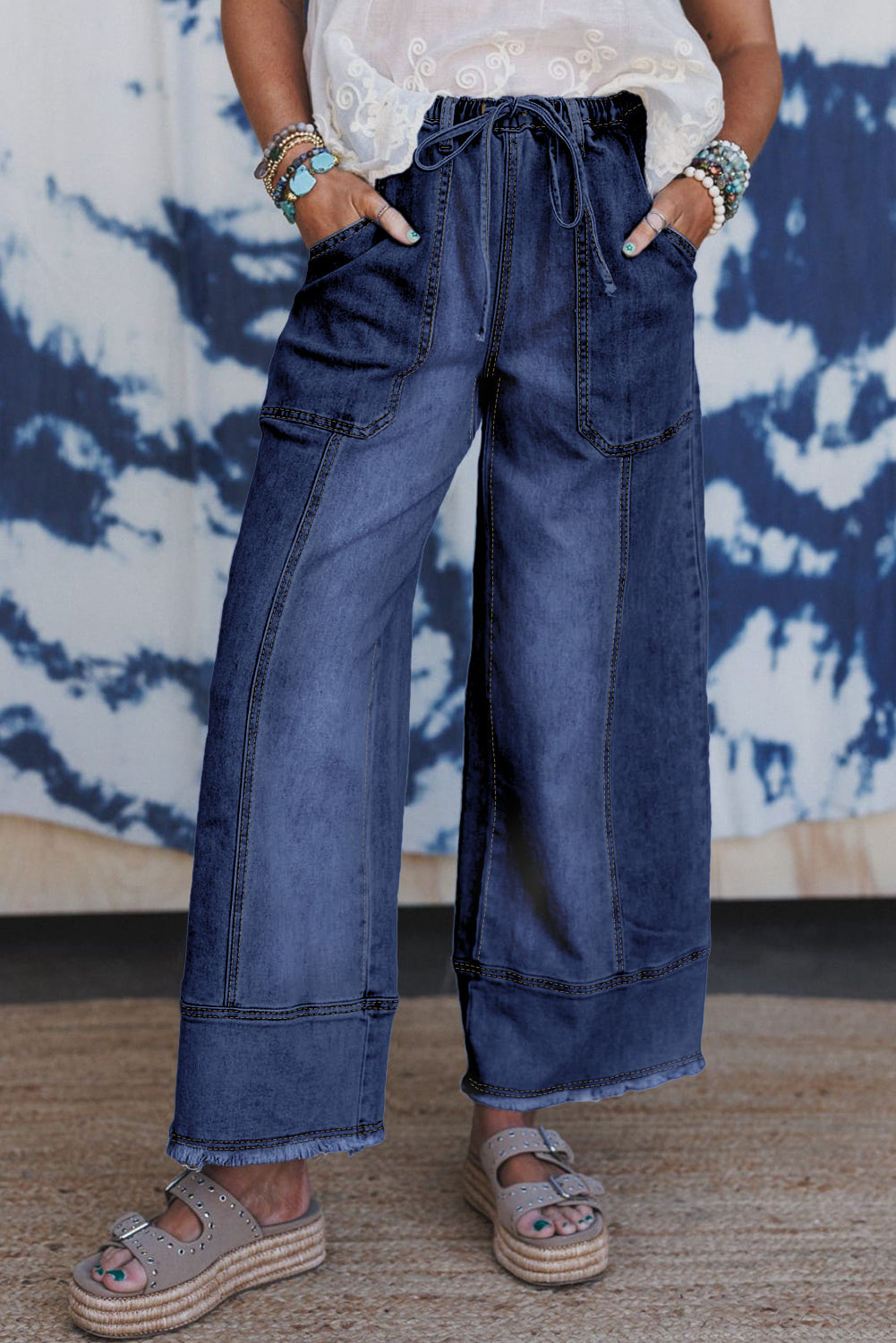 Prussian Blue Drawstring Seam Detail Raw Hem Wide Leg Jeans