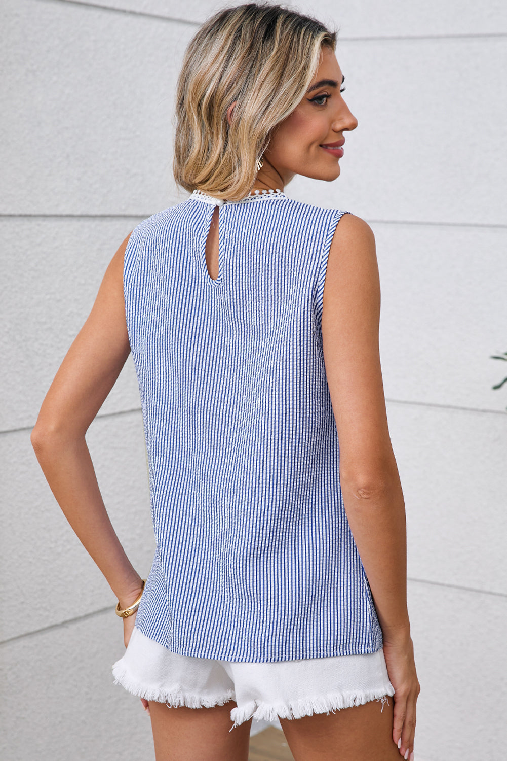 Sky Blue Stripe Lace Detail Crinkle Sleeveless Blouse
