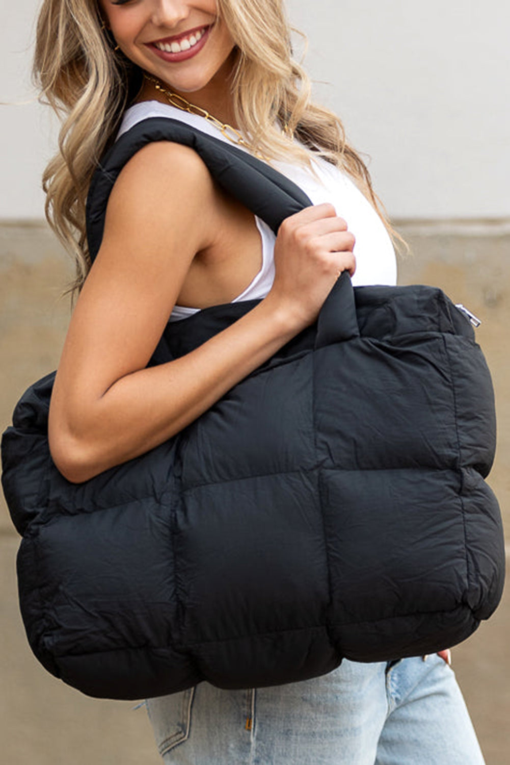 Black Solid Quilted Puffy Zipped Large Tote Bag