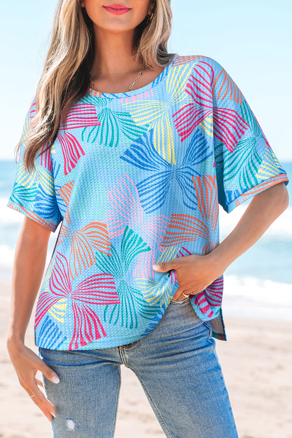 Sky Blue Bowknot Print Waffle Loose Tee