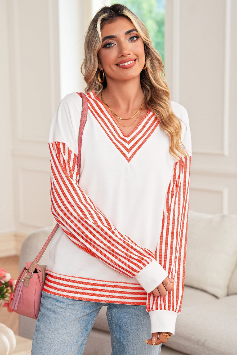 Orange Striped Patchwork Drop Sleeve Pullover Top