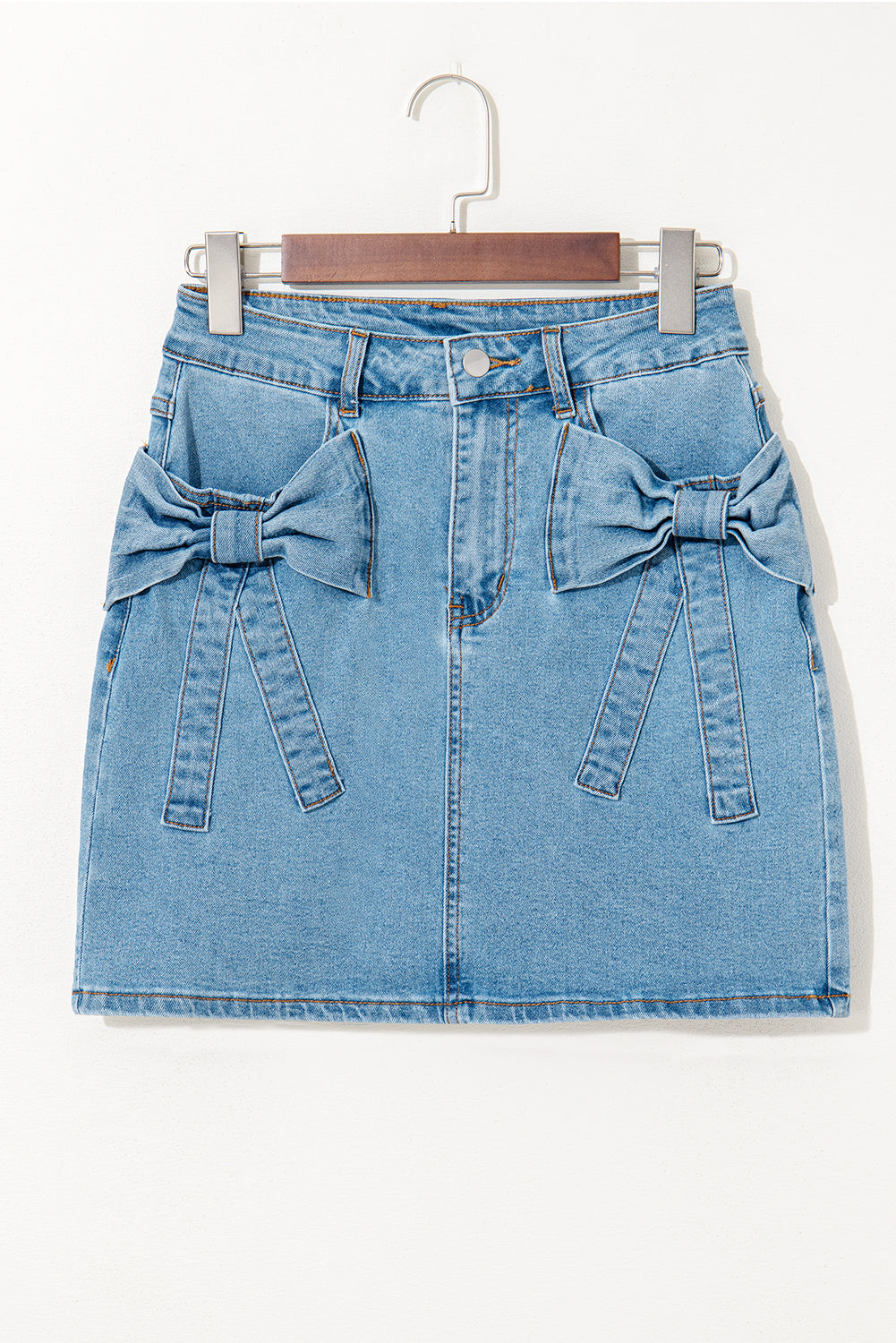 Dusk Blue Acid Washed Bowknot Details High Waist Denim Skirt