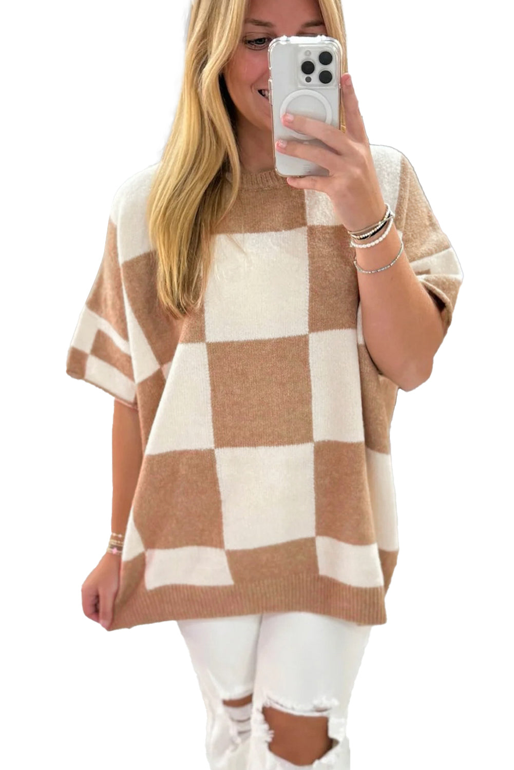 Light French Beige Checkered Pattern Loose Short Sleeve Sweater